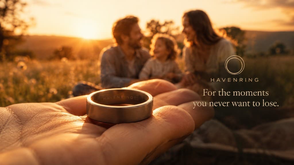 Hand holding the HavenRing against a warm golden-hour family moment